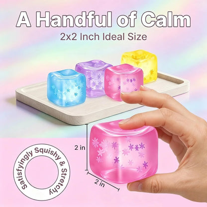 Fidget Toy Stress Cube- 4 Pack Sensory Squeeze Toys, Slow Rising Squishy Cube Filled with Thick Substance and Snowflakes Crafts, Anxiety Stress Relief Calming Tool for Adults and Kids
