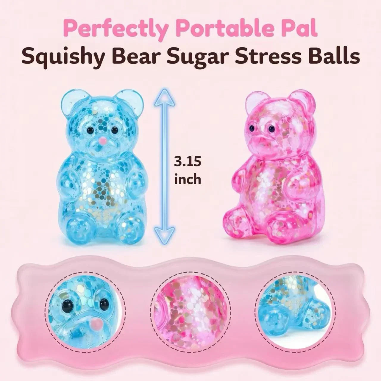 2 Pack Bear Squishy Sugar Fidget Stress Balls, Glitter Colorful Bear Sensory Stress Balls for Anxiety Relief, Animals Squishy Squeeze Balls Fidget Toys for Boys and Girls