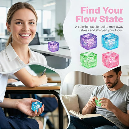 Glitter Ice Cube Squishy Fidget Toys, Squishy Cube Stress Balls for Adults & Kids, Slow Rising Stress Relief Toys, Squeeze Ball Filled with Thick Substance and Glitter (Purple)