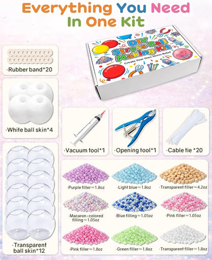 DIY Stress Ball Making Kit with 14.1 oz Filler, 16 TPR Skins, Vacuum Tool, 20 Cable Tie for Create ASMR Anxiety Relief Toys Crunchy Relaxing for Adult