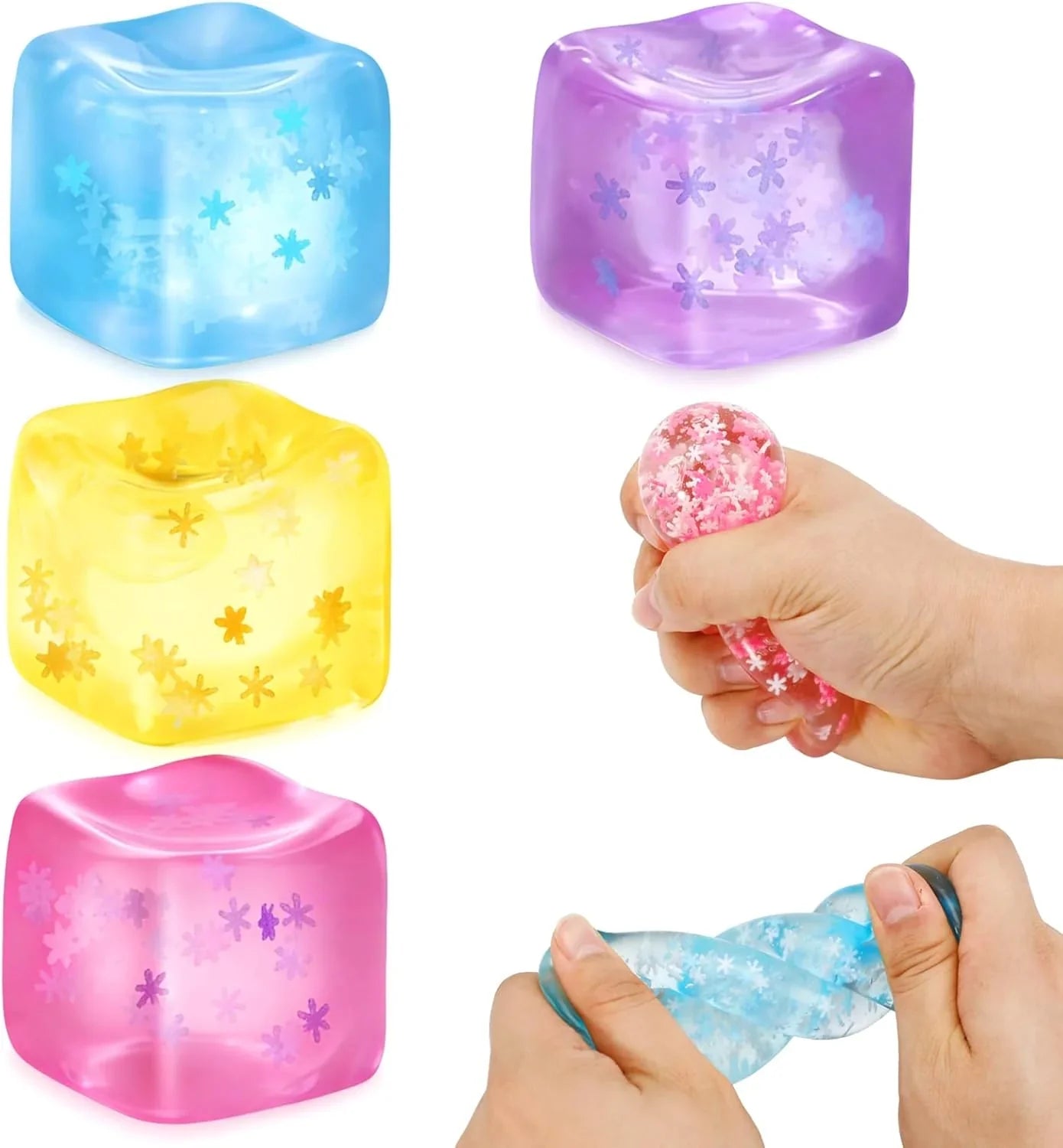 Fidget Toy Stress Cube- 4 Pack Sensory Squeeze Toys, Slow Rising Squishy Cube Filled with Thick Substance and Snowflakes Crafts, Anxiety Stress Relief Calming Tool for Adults and Kids - US 4867