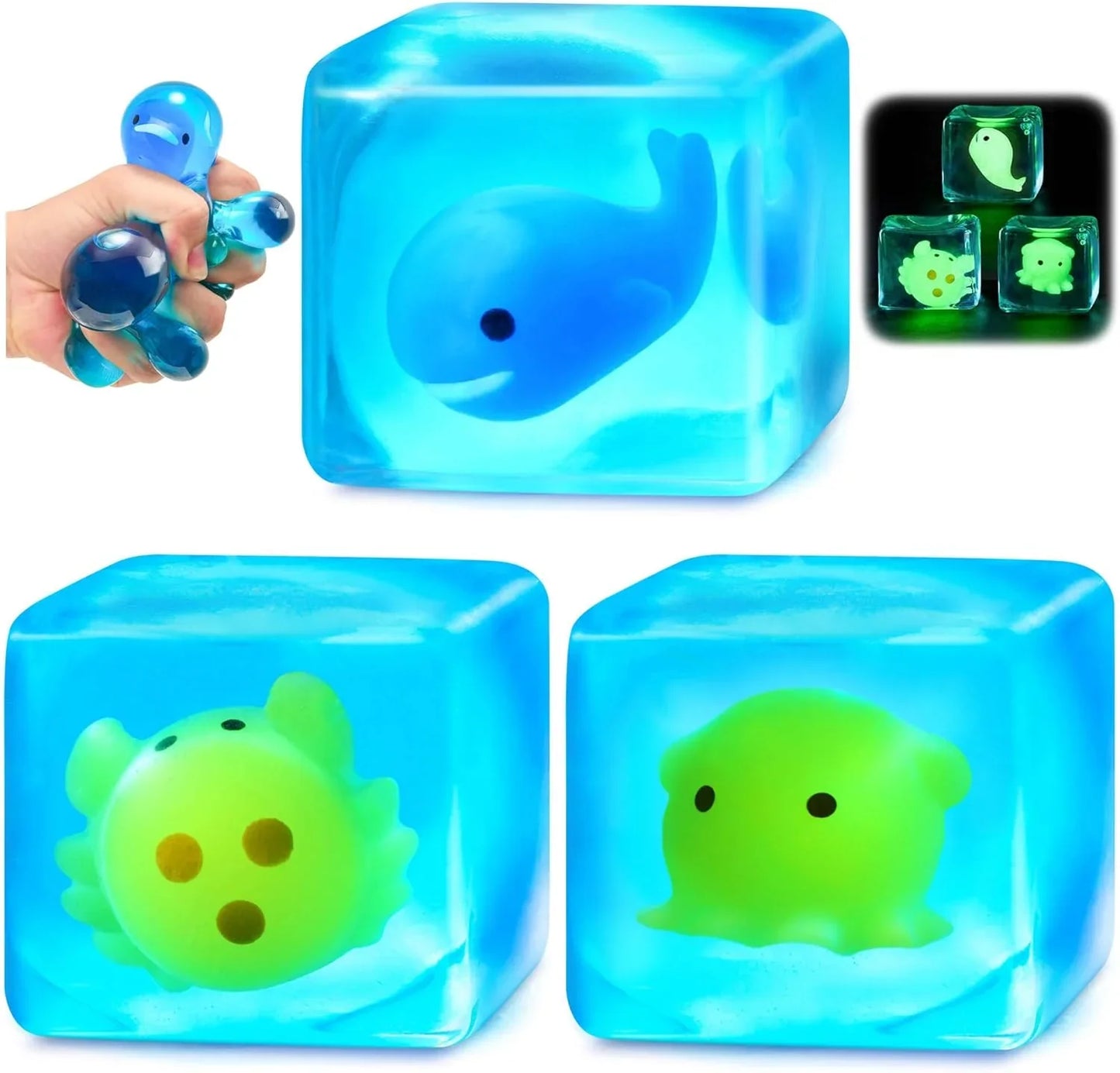 Squishy Stress Cube Fidget Toys Adults - Glow in The Dark Sensory Toys for Kids with Autism Stress Balls for Kids Teens Squeeze Toys for Anxiety Easter Basket Stuffers - US 6973