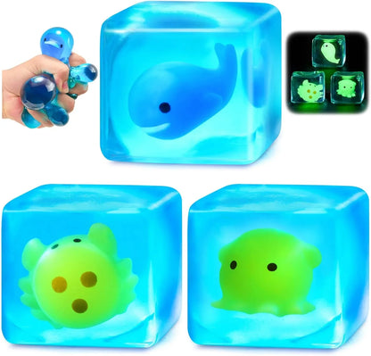 Squishy Stress Cube Fidget Toys Adults - Glow in The Dark Sensory Toys for Kids with Autism Stress Balls for Kids Teens Squeeze Toys for Anxiety Easter Basket Stuffers - US 2949