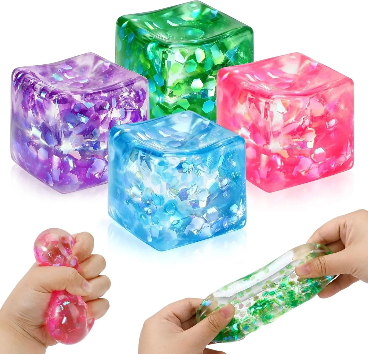 4 Pack Glitter Ice Cube Squishy, Slow Rising Stress Relief Toys, Square Stree Balls Fidget Toys for Adults Boys Girls, Squeeze Ball Sensory Toys for Kids with Autism, Party Favors Gifts - US 2503