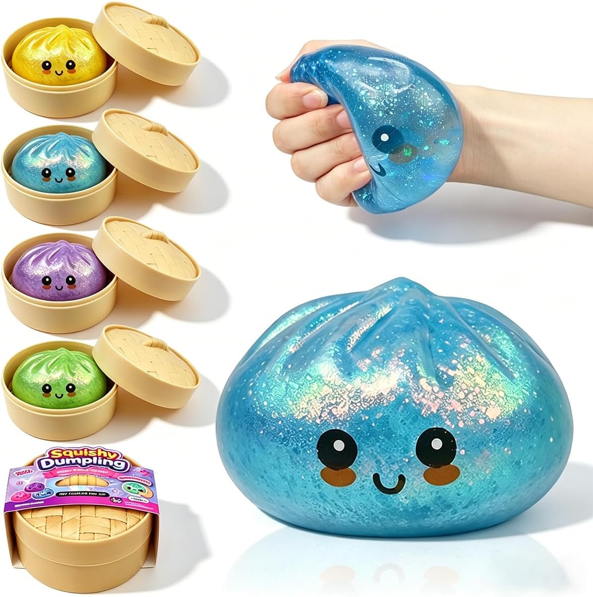 Anditoy Dumpling Stress Balls Glitter Squishy Toys Giant Squishy Mystery Box Squeeze Toys for Adults Stress Relief Desk Toys Kids Party Favors Birthday Gifts (Blue) - US 9539