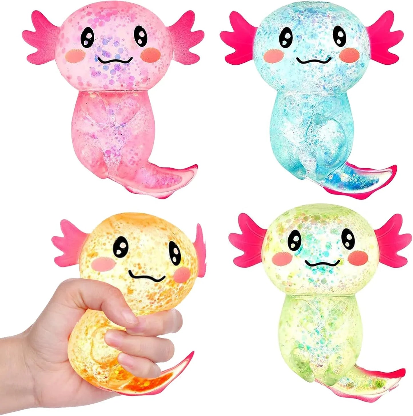 Sezua Squishy Fidget Stress Ball - 4 Pack Taba Squishies Squeeze Sensory Axolotl Toys, Axolotl Squishy Sugar Stress Ball Toys for Adults Kid, Glitter Salamander Gift for Party Birthday Christmas - US 3840