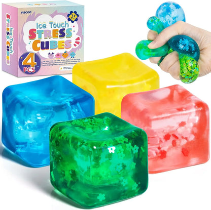 4 Pack Fidget Toy Stress Cube, Slow Rise Stress Balls Ice Cube,Mellow and Chill,Square Squishy Balls for Anxiety Relief,Cube Squishy,Prize Box Toys for Kids Classroom Birthday Gifts Party Favors - US 9735