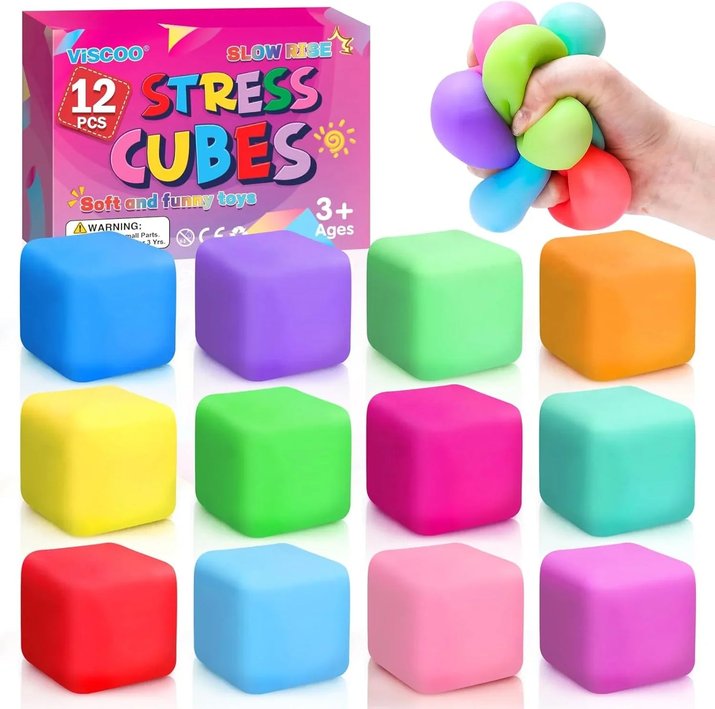 12 Pack Slow Rising Stress Cube, Dough Stress Balls Squishy Fidget Toys for Anxiety Relief, Soft Fidget Cube, Pull Stretch Squishy Toys for Classroom Prize, Party Favors for Kids Adults - US 2648