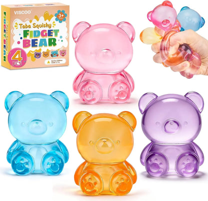 VISCOO 4 Pack Stress Bear Squishy Ball, Sugar Filled Gummy Bear Toys, Taba Squishy Toys for Kids Stress Relief, High Density Stress Balls for Calming - Soft Squeeze Balls Party Favors Birthday Gifts - US 5504