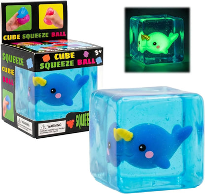 Cube Squeeze Ball Stress Fidget Toy, Glow in the Dark Gel Filled Ice Cube, Slow Rising Squishy Sensory Toy for Anxiety Relief, Kids and Adults (Narwhal) - US 6684