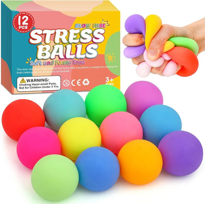 12 Pack Slow Rising Stress Ball,Stress Balls for Kids Adults,Stretchy Fidget Toys for Stress Relief,Hand Therapy Sensory Squishy Ball, Squishy Toys for Kids, Classroom Prize Box Party Favors - US 3874