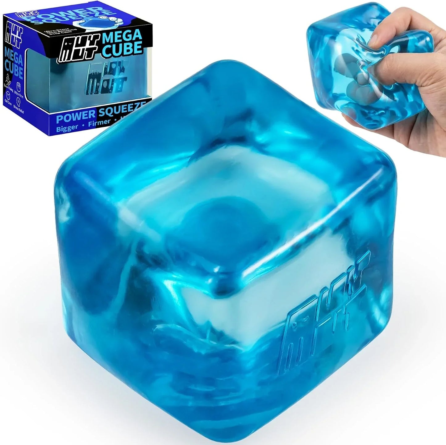 Premium MEGA Cube – Oversized Heavy-Duty Squishy Fidget Toy for Big Hands & Adults, Ultra-Firm Gel for Stress Relief & Sensory Focus, Lab & CPC/ASTM Certified (Blue) - US 5553