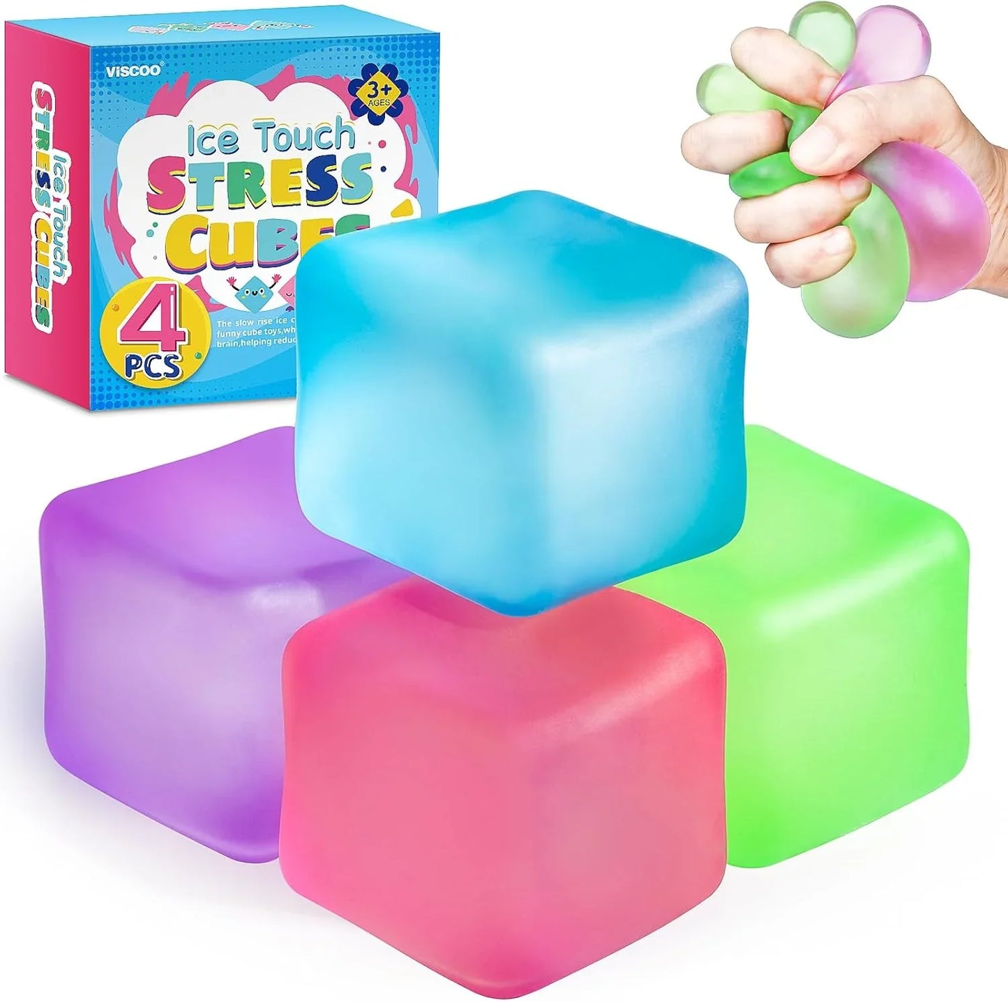 4 Pack Stress Cube, Slow Rising Ice Cube Stress Balls for Adults Kids, Sensory Fidget Toy for Anxiety Relief, Square Shape Squishy Balls for Classroom Prizes, Cube Squishy for Party Favors - US 4702