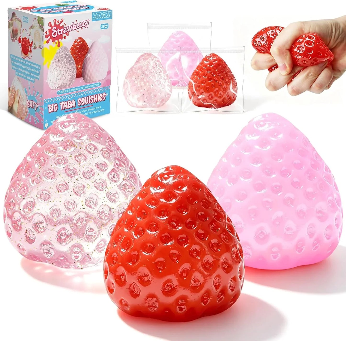 3Pcs Big Taba Squishies Strawberry, Cute Strawberry Squeeze Toys, Upgrade Fruit Squishies, Kawaii Sticky Stress Toy, Clear Fidget Toys, Valentines Gift for Kids, Teen Boys Girls Birthday Gift Ideas - US 3171