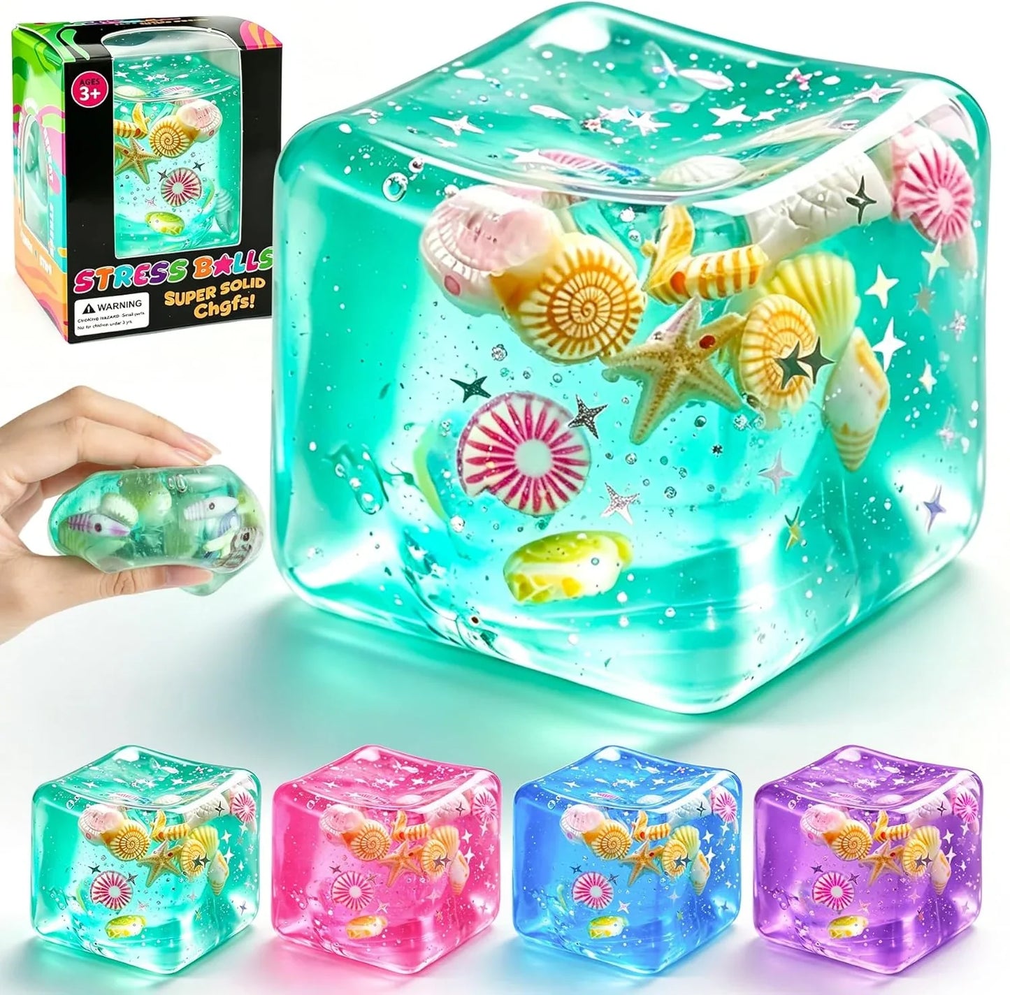 1Pc Ice Cube Squishy Stress Balls,Slow Rising Sensory Fidget Toy with Marine Shells Inside Square Soft Sensory Anxiety Relief Squeeze Cube for Adults Teens Kids(Green) - US 1041