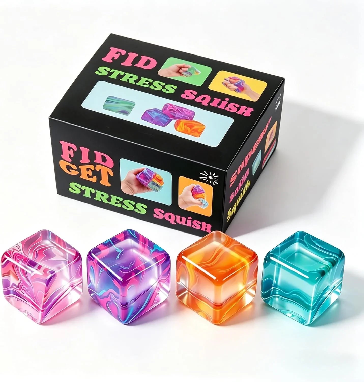 4Pack Fidget Toys Mini Squishy Stress Cube, Stress Balls for Kids, Adults Squishies Anxiety Stress Relief, Ice Squishy Cube Sugar Balls, Sensory Toys for Kids with Autism, Fidgets for Classroom Prize - US 3798