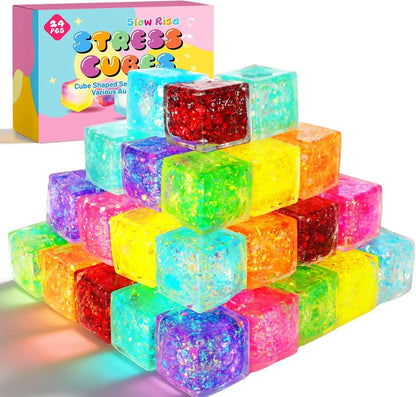 24 Pack Slow Rising Ice Cube Squishy Stress Balls，Stress Cube for Adults Kids , Bulk Taba Squish Fidget Toys, Square Squeeze Toy for Classroom Prizes, Mini Nice Cube Squishy for Party Favors - US 2376